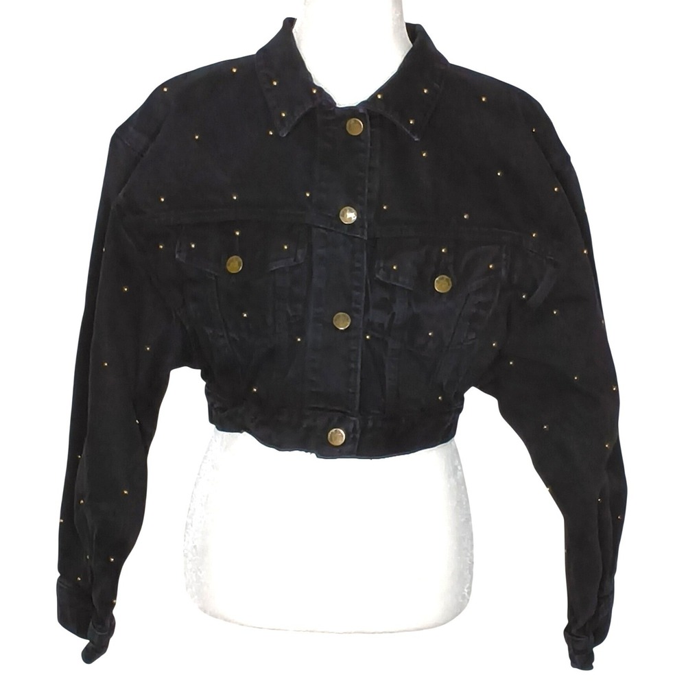 Paris Blues Denim Jacket‎ Women Medium Black Vintage Cropped Studded